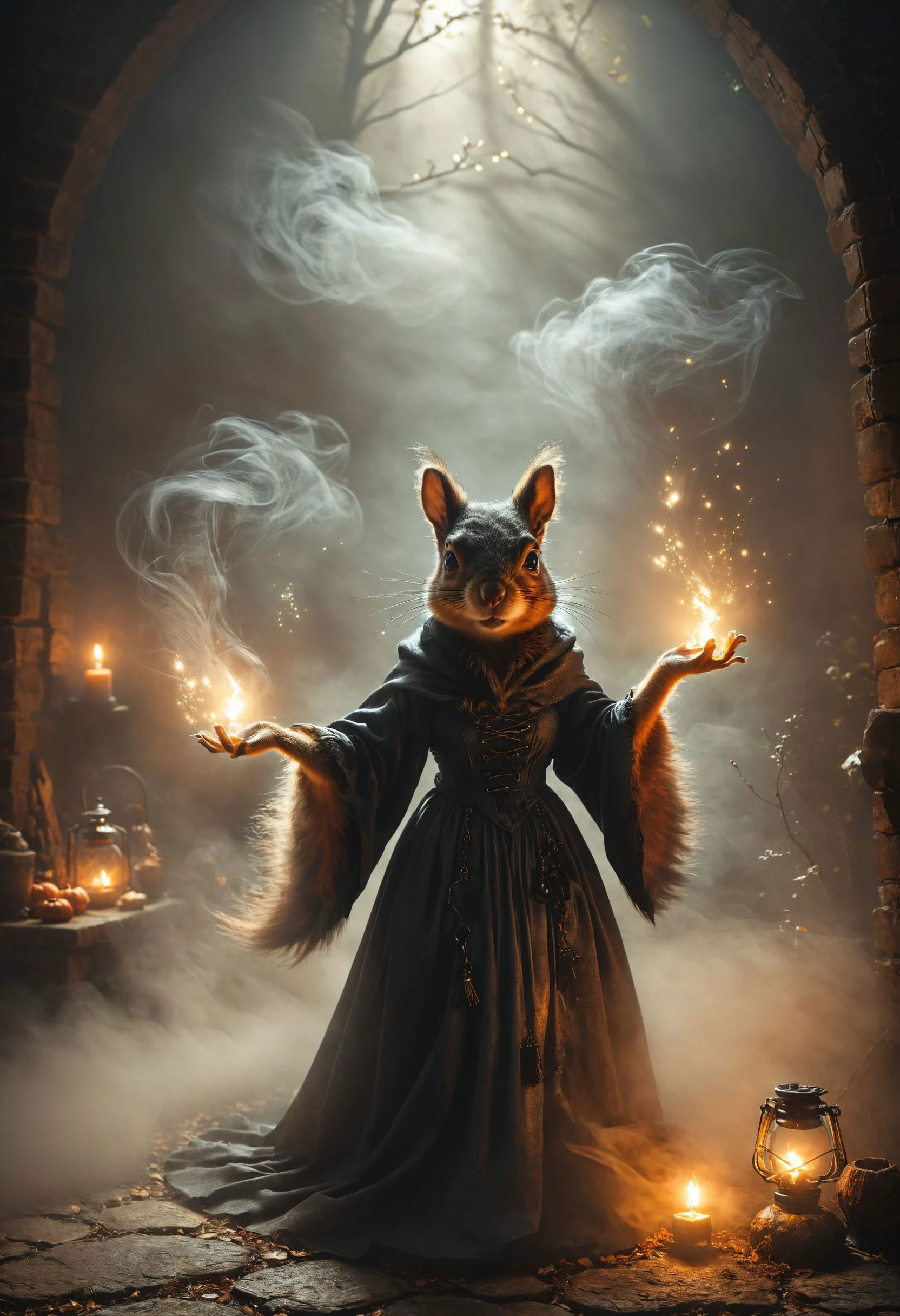 anthropomorphic Squirrel witch casting a spell, <lora:Sinister_Style_SDXL:0.8> ais-sinisterz, <lora:great_lighting:0.8> great lighting, radiant lighting, <lora:IPXL_v8:0.7> inkpunk style, <lora:hkmagicV2:0.8> hkmagic
