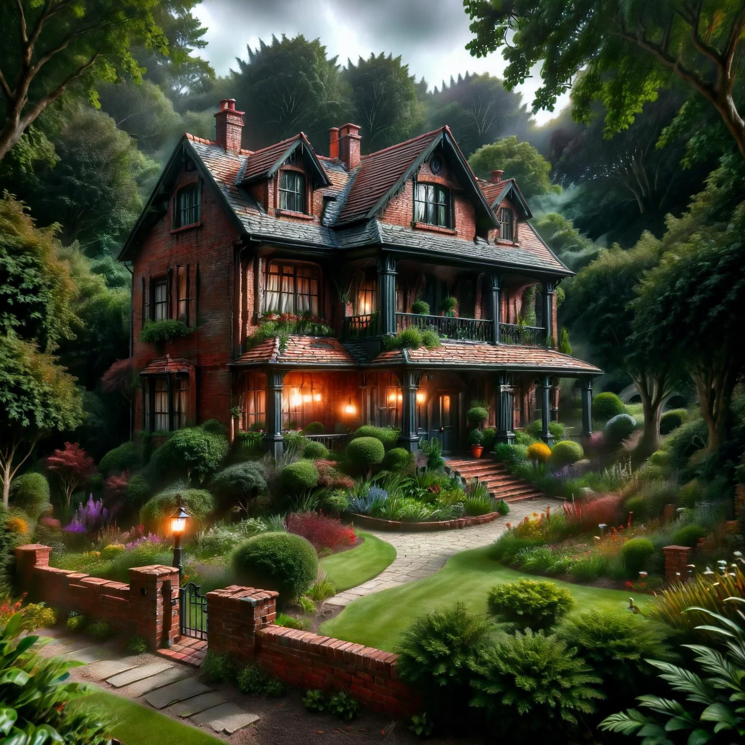 An ais-brickz ais-sinisterz house, surrounded by gardens and then an cast iron wall, forest in the background <lora:Bricks_Style_SDXL:0.9> <lora:Sinister_Style_SDXL:1>