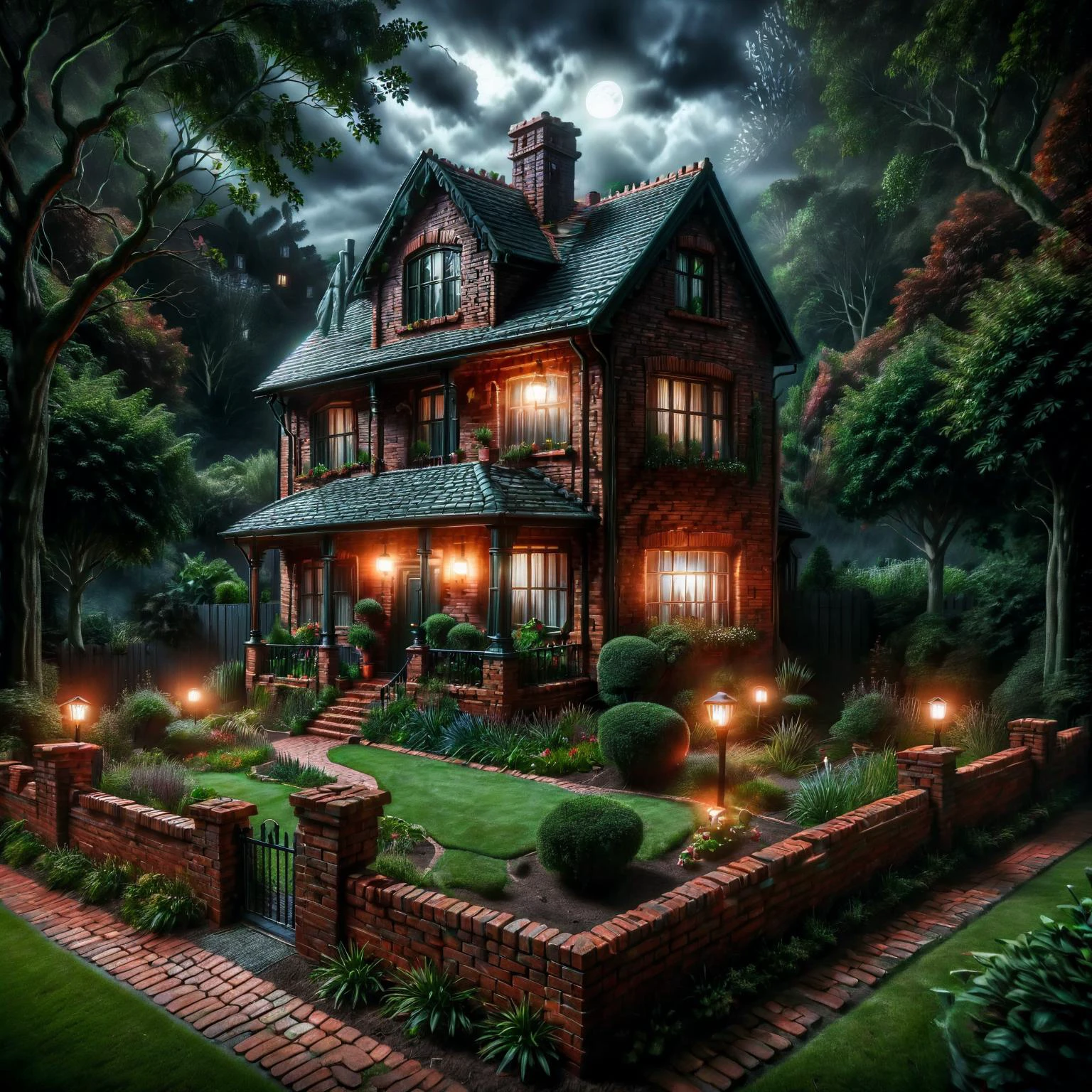 ais-sinisterz, a ais-brickz house, surrounded by gardens and then a cast iron fence and ais-brickz wall, forest in the background, nighttime <lora:Bricks_Style_SDXL:0.8> <lora:Sinister_Style_SDXL:1>