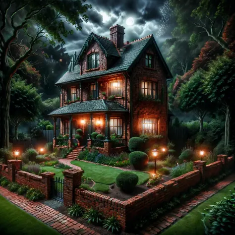 ais-sinisterz, a ais-brickz  house, surrounded by gardens and then a cast iron fence and ais-brickz wall, forest in the background, nighttime <lora:Bricks_Style_SDXL:0.8> <lora:Sinister_Style_SDXL:1>