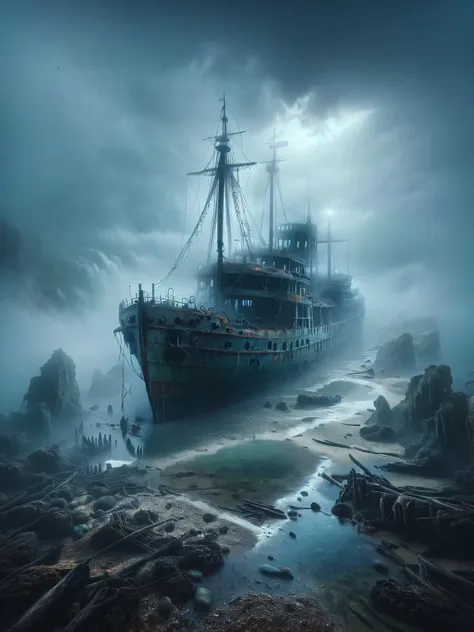 An ais-abandz ship on a foggy shoreline with remnants of its journey scattered around <lora:Abandoned_SDXL:1>, <lora:Sinister_Style_SDXL:1>, ais-sinisterz,4k, uhd,masterpiece