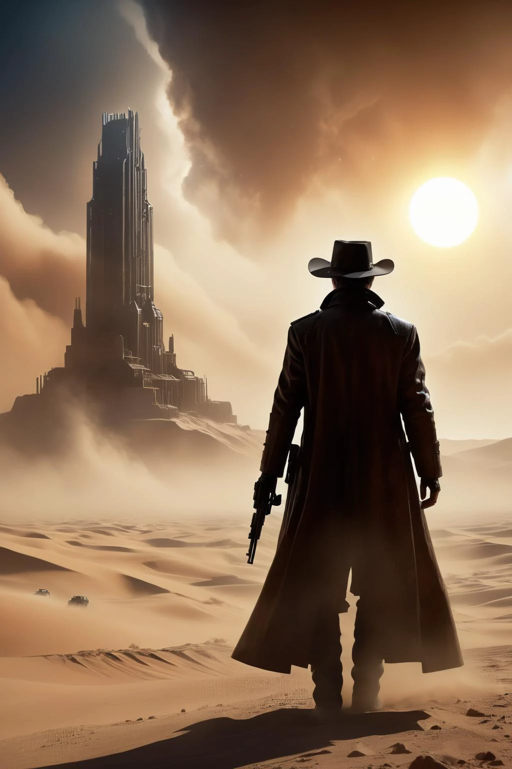 Roland of Stephen Kingâs The Gunslinger, back view, a sci-fi gunslinger amidst a deserted world with a distant glass tower, wearing long dirty coat, sandstorm, tiny dust-covered sun, futuristic western, extremely detailed, cinematic light, masterpiece, <lora:add-detail-xl:1> <lora:Sinister_Style_SDXL:0.5> ais-sinisterz