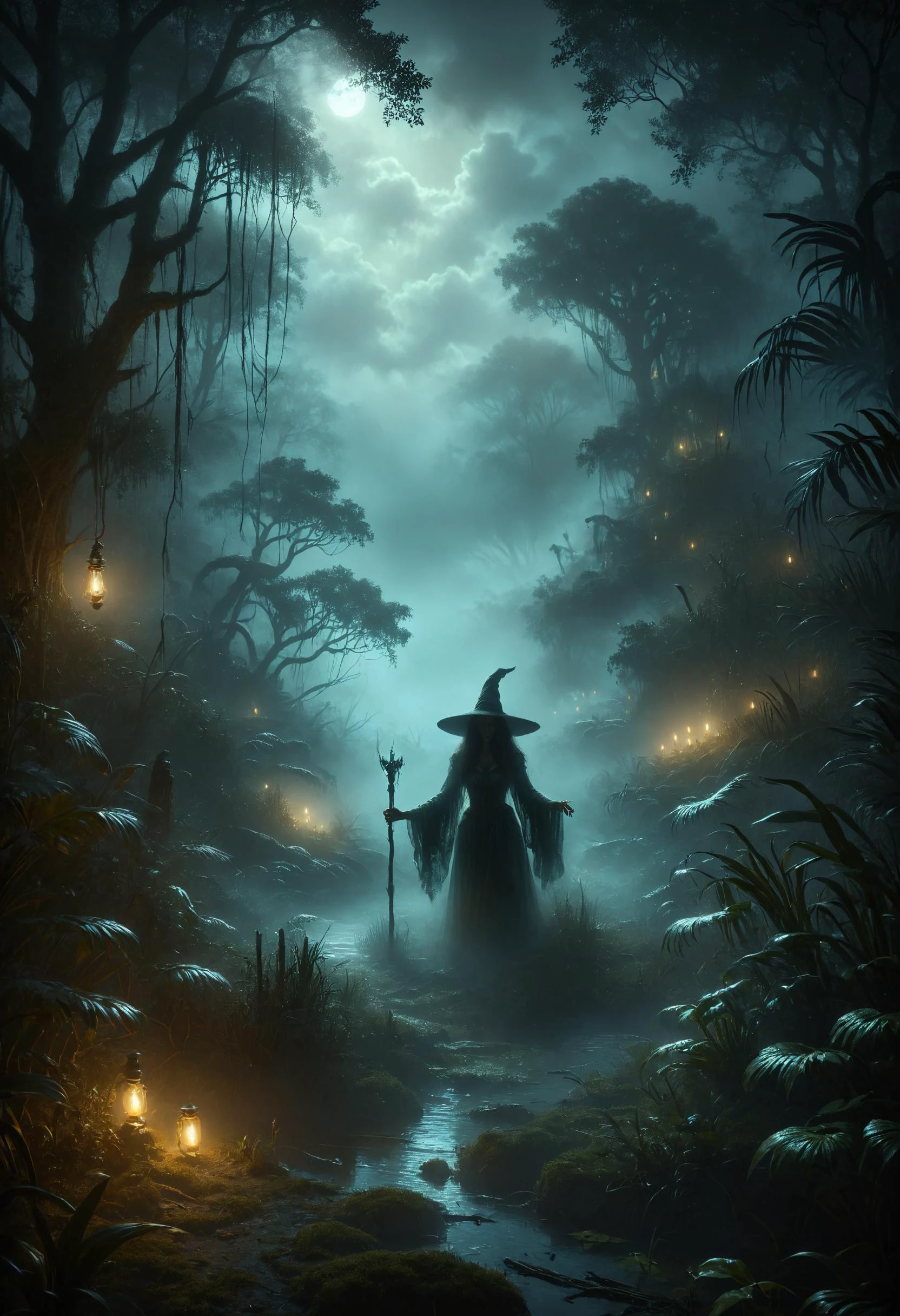 Enveloped in mist, she moves with purpose through the labyrinthine paths of the swamp, guided by intuition and instinct, ais-sinisterz, great lighting, Flickering light, bioluminescent, glowing, witch, voodoo subtle outlines, by Thomas Kinkade, trending on artstation, excellent composition, center frame <lora:Sinister_Style_SDXL:0.8> <lora:great_lighting:0.8> <lora:Bio-Luminescence:0.8>