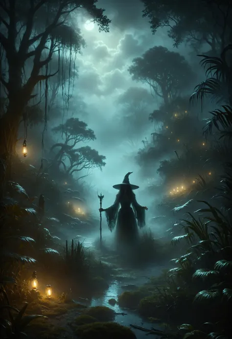 Enveloped in mist, she moves with purpose through the labyrinthine paths of the swamp, guided by intuition and instinct, ais-sinisterz, great lighting, Flickering light, bioluminescent, glowing, witch, voodoo    subtle outlines, by Thomas Kinkade, trending on artstation, excellent composition, center frame <lora:Sinister_Style_SDXL:0.8> <lora:great_lighting:0.8> <lora:Bio-Luminescence:0.8>