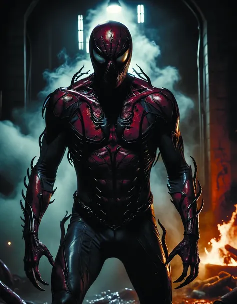 carnage,a formidable supervillain,symbiote,bloody,psychopathic,unstoppable,mad,sharp teeth,epic composition,dramatic,gloomy,realistic detail,realistic hyper-detailed rendering,realistic painted still lifes,insanely intricate,<lora:add-detail-xl:1.6>,Roger Deakins Style <lora:Roger Deakins Style:0.8>,<lora:lora-bloodyface-lite:0.7>,by diegocr,exoskel <lora:Exoskeletal_Echos:0.6>,ais-sinisterz <lora:Sinister_Style_SDXL:0.5>