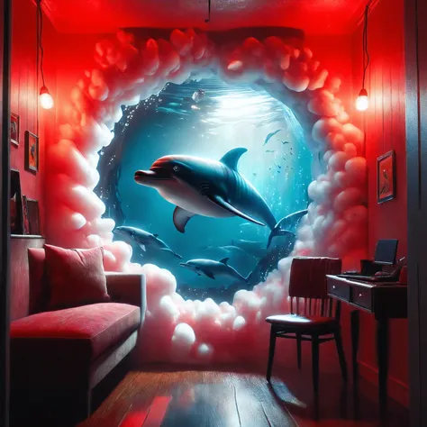 (masterpiece, best quality, highly detailed) half-fish, half-human, dolphin head, giant eyes, red neon, wearing fluorescent jogging, mullet haircut,  very small room,  (photorealistic:1.4), 8K raw photo, 8K wallpaper, DSLR, HDR, (sharp focus)(sharp focus) , 
 <lora:add-detail-xl:1>   <lora:Sinister_Style_SDXL:1> <lora:Harrlogos_v1.1:1>