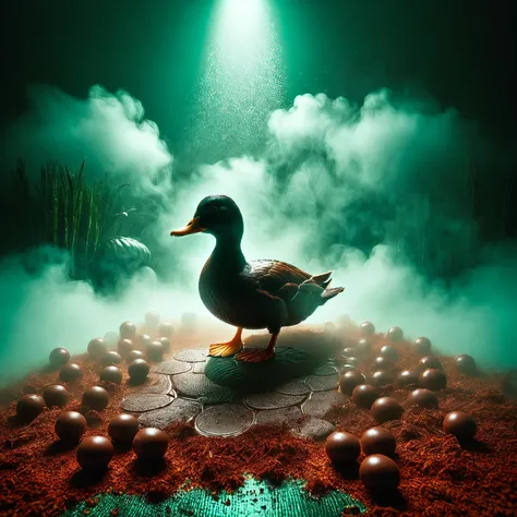 photography of a duck made of chocolate, Chocolateray. red neon, smileys, lot of minigolf balls, minigolf green floor, (bright , nostalgic , masterful:1.4), poster art, bold lines, hyper detailed, expressive, award winning, photography very realist, (intricate details, masterpiece, best quality:1.4), , <lora:ChocolateRay:1> <lora:Sinister_Style_SDXL:1>