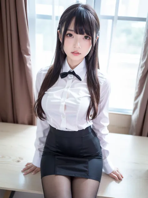 <lora:mafuyulightmakeup:0.7>, mafuyu, 1girl, solo, realistic, makeup, long hair, brown hair, bangs, black eyes, looking at viewer, blurry, day, blush, soft light, 8K, ultra high resolution, ultra-detailed, photorealistic, an extremely delicate and beautiful, caffe,  (white shirt:1.1), microskirt, (pencil skirt:1.1), (pantyhose:1.2), corset,