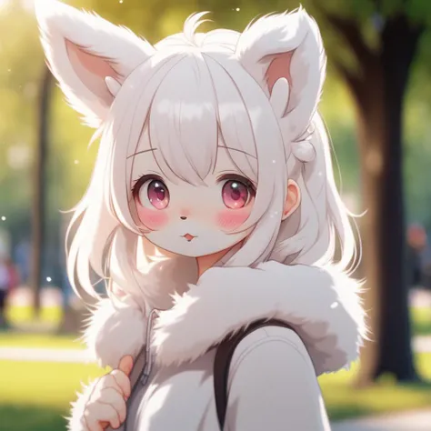 furry girl walking in a park, animal ears, animal nose, furry female, kawaii, kawaii pose,animal ear fluff, white hair, high detail uhd canon mark4 photo realistic  picture <lora:ToraFurry_XL_p1-v1:0.5>