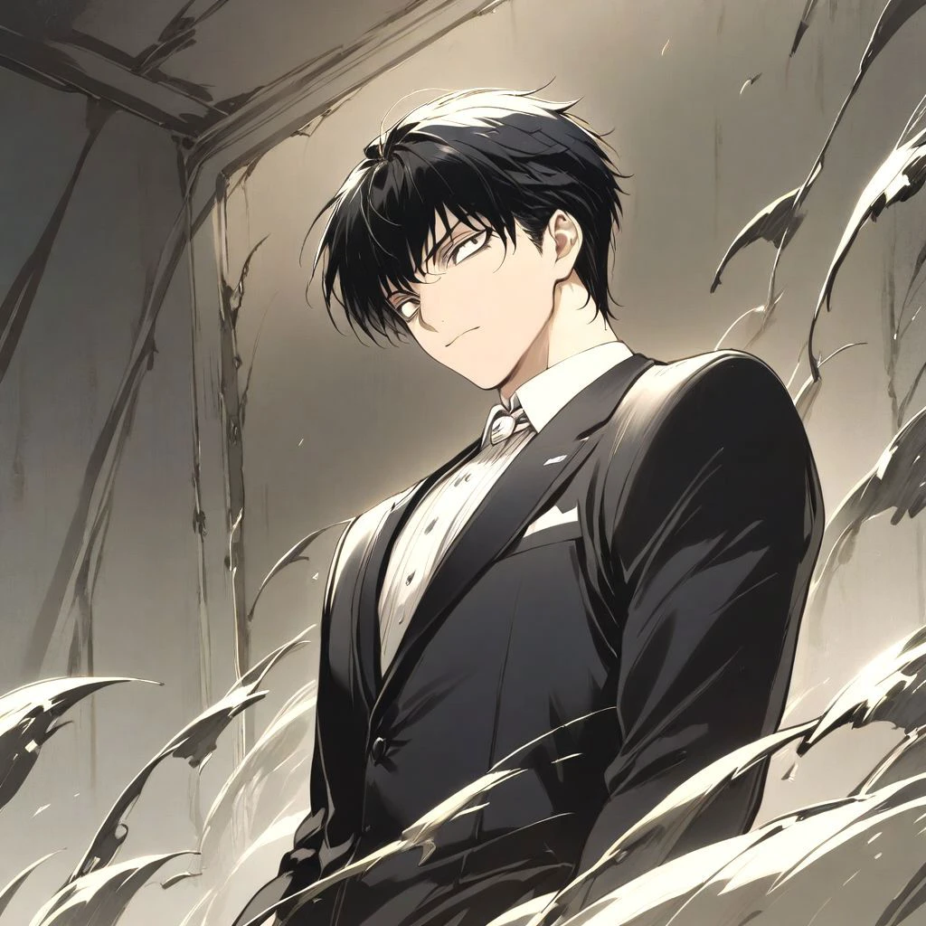 1boy, handsome male, in abandoned mansion, vintage portrait in luxurious frame, sinister face, sinister room, black and white coloring, black hair, hugo boss suit, closed mouth smile.