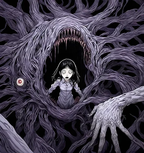 an evil anime girl with a sinister grin, style of 80scartoon, <lora:sdxl_lora_80scartoon:.9>, creepy, nightmare, by junji ito, <lora:XL_itoStyleLycoris:1>