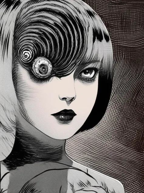 portrait of a woman, a swirl on head, A naked eyeball, junji ito style,horror,manga, simple background, <lora:itoStyleLycoris:0.6>