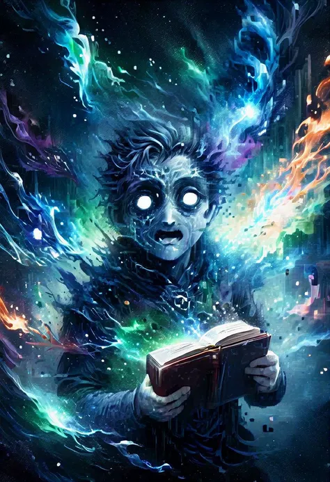 (telling secrets:1.6), (the hour of reckoning, passionate attempts remain futile, a calm man using mental powers to talk to a spirit, reading a book, pulling something off the page of the book:1.6), The Last War, the dying, scream with their last breath. (cosmic galaxy effects radiating off the man, hints of green magic coloring:0.5), (electric magnetic field around its head, glowing magic around its head, electric arcs spreading out from its mind:1.2), (medieval setting, green aura and bright:1.2), dusty, hazy, (blue aura, orange aura, dark and damning aura:1.3), (deep blacks, lightly grim:1.1), city interior walls,