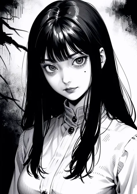 川上 富江, line drawing, manga, 1girl, ((tomie, black hair, long hair with bangs, sinster, creepy)), <lyco:itoStyleLoRA:0.55>, BREAK dynamic angle, (evil stare), disturbing, elegant, atmospheric, epic, Art by Junji Ito, intense gaze, smug, (one mole under left eye), line art, Junji Ito manga, itou junji, evil smile , ((ink lineart)), monochrome, white blouse, black ink drawing, octane render, beautiful line drawing, masterpiece, 8k wallpaper, deep shadow, horror