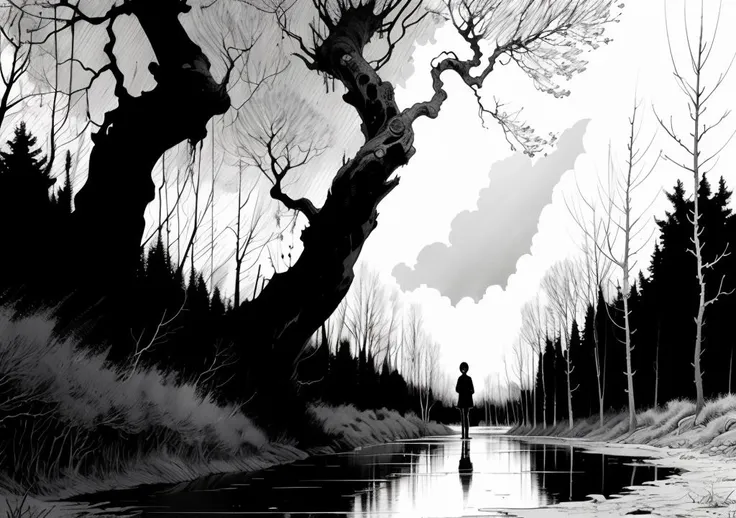 best quality,masterpiece,<lyco:itoStyleLoRA:0.6>,junji ito style,inked,horror manga,tree growing in the river,