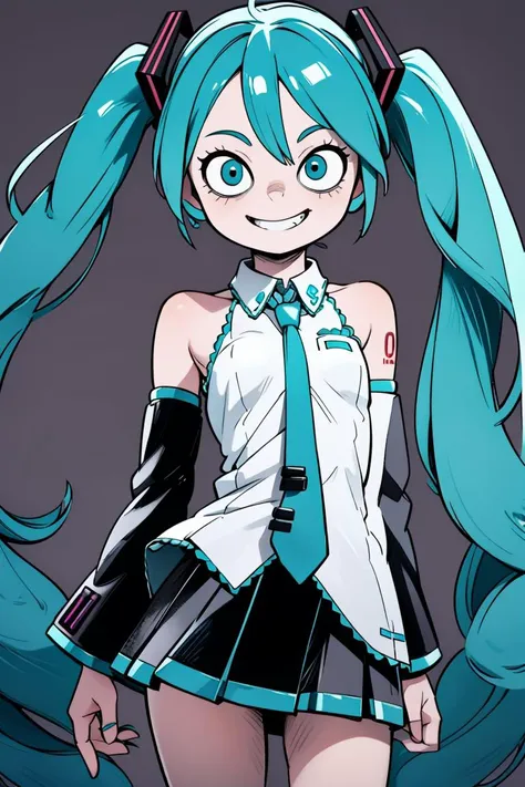 (by artist junji ito style:0.8), (masterpiece:1.2), best quality, masterpiece hatsune miku, teal hair, long twintails, bare shoulders, teal necktie, miniskirt, smile, grin, evil face, shaded face,(navel:0.6), <lyco:itoStyleLoRA:0.8>