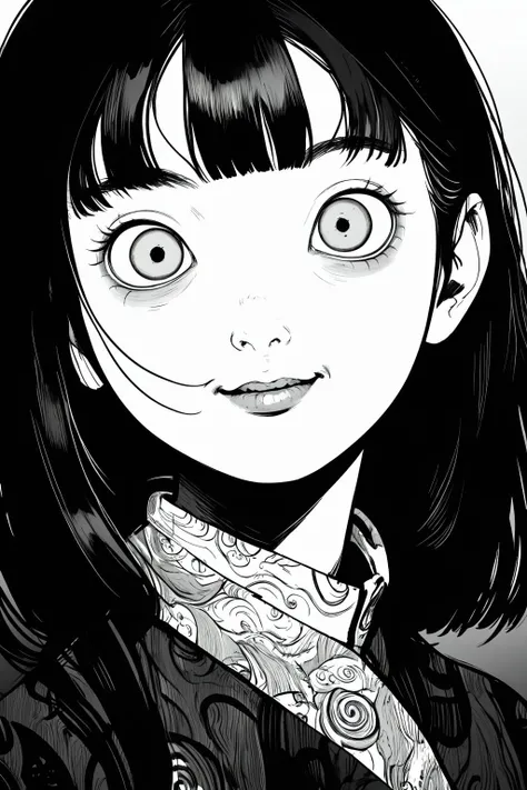 by artist junji ito style, monochrome,(masterpiece:1.2), best quality, masterpiece, highres, absurdres, original, extremely detailed wallpaper,
dramatic shadow, portrait of 1girl, black hair, intricate eyes, light smile
<lyco:itoStyleLoRA:0.9> <lora:add_detail:-1>