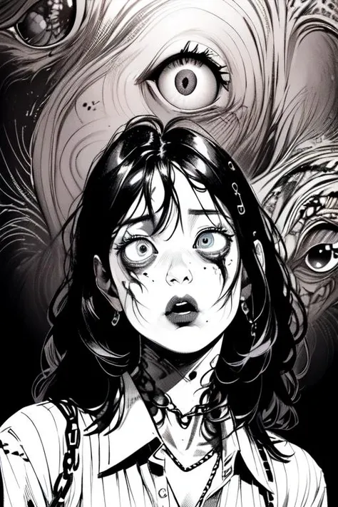masterpiece, absurdres, detailed, realistic, drawing, ink drawing, grayscale, 1 girl, asian, solo, portrait of a woman, detailed eyes, septum piercing, septum jewelry, chains, cleavage, Kawakami Tomie, junji ito style, horror, manga, inked, (eyes floating in background), improve backgrounds, <lora:itoStyleLoRA:1>, <lora:improve_backgrounds:1>