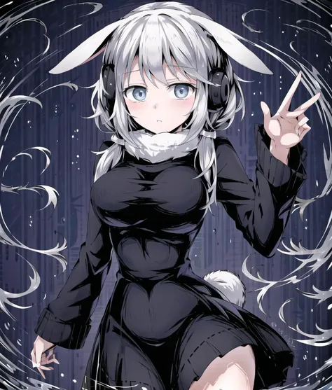 simure, incredibly absurdres, best quality, amazing detail, 8k, 4k, ears down, 1girl, sad, bunny ears, animal ears, animal ear fluff, comb over and low twintails, grey hair, sweater dress, cowboy shot