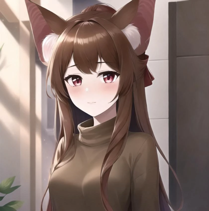 1girl, bat ears, dyed Bangs and bow-shaped hair, light brown hair, sweater dress, light red eyes, incredibly absurdres, best quality, amazing detail, hd wallpaper