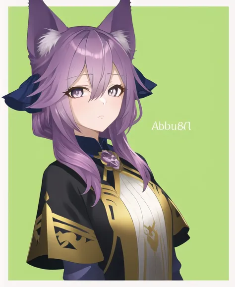 sakuya, incredibly absurdres, best quality, amazing detail, 8k, 4k, 1girl, bat ears, hair between eyes and flipped hair, purple hair, tabard, upper body, straight-on