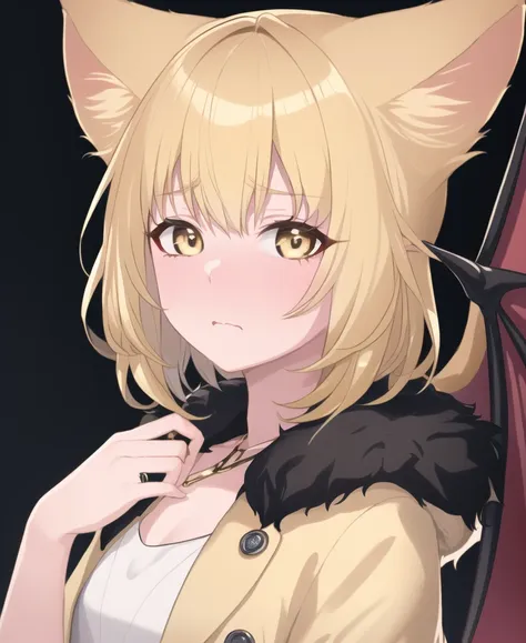 sakuya, incredibly absurdres, best quality, amazing detail, 8k, 4k, ears down, 1boy, embarrassed, out of frame, 1girl, bat ears, animal ear fluff, pixie cut and hair rings, yellow hair, fur coat, upper body, straight-on