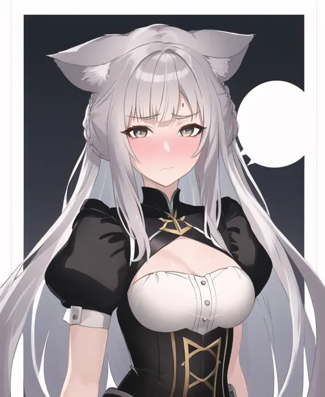 sakuya, incredibly absurdres, best quality, amazing detail, 8k, 4k, ears down, 1boy, embarrassed, out of frame, 1girl, bat ears, animal ear fluff, widow's peak and half updo, silver hair, underbust, upper body, straight-on