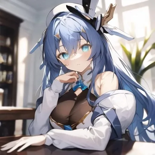 , masterpiece, Highest Quality, Highest Resolution, perfect background, perfect perspective, sharp image, perfect details, perfect lighting, perfect shadows, Perfect lighting, Best background, 1girl, AG Nio, blue hair, blue eyes, large breasts, bangs, white thighs highs, long sleeves,white pointed hat, navel, cleavage, white jacket, open clothes, sleeveless, puffy sleeves, off shoulder, stomach, white high heel boots, leotard, clothing cutout, laying on back, indoors,