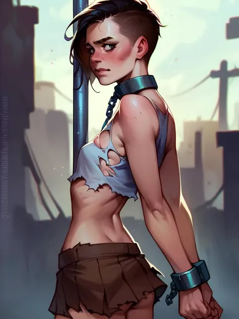 score_9, score_8_up, score_7_up, score_6_up, score_5_up, score_4_up, rating_questionable, pale petite young sex slave with short chin-length hair, post-apocalyptic, wearing a slave collar and shackles, (((hands behind her back))), (((wearing a crop top and torn short skirt))), (((tied to a pole))), center of a post-apocalyptic town square, embarrassed and humiliated, standing, exhausted, eyebags, (upper body portrait shot:0.9), masterpiece digital art, realistic,  <lora:add-detail-xl:0.8>,  <lora:13_emb:0.4>, detailed cute pretty face