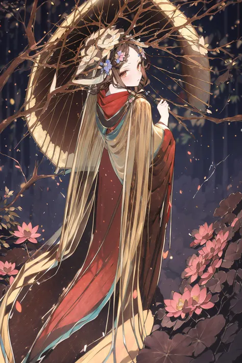 (masterpiece:1.2),best quality,PIXIV,coloured glaze,Energetic girl,
1girl,flower,solo,hair ornament,shawl,hanfu,hair flower,looking at viewer,looking back,branch,chinese clothes,brown eyes,long hair,dress,holding,ribbon,brown hair,lotus,long sleeves,from behind,antlers,standing,umbrella,
<lora:coloured glaze-000018:0.8>,