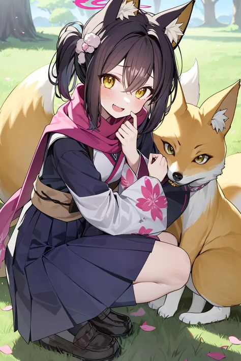 (masterpiece:1.2),best quality,PIXIV,Energetic girl,
1girl, animal ears, izuna (blue archive), halo, fox ears, squatting, skirt, pink scarf, tail, scarf, looking at viewer, fox tail, japanese clothes, animal ear fluff, school uniform, solo, yellow eyes, brown hair, fox girl, shoes, loafers, socks, fang, smile, pleated skirt, black skirt, floral print, petals, blush, skin fang, bangs, open mouth, hair between eyes, serafuku, brown footwear, pom pom hair ornament, long sleeves, fox, kimono, wide sleeves, kneehighs, hair ornament