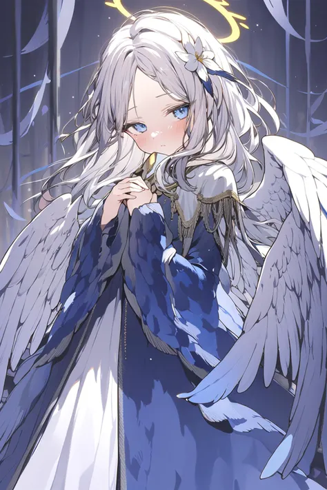 1girl,solo,halo,wings,long hair,angel,white hair,angel wings,dress,feathered wings,looking at viewer,hair ornament,wide sleeves,white wings,blush,flower,grey eyes,long sleeves,hair flower,bangs,own hands together,hands on own chest,blue eyes,parted bangs,coloured glaze,<lora:coloured glaze-000018:0.5>,