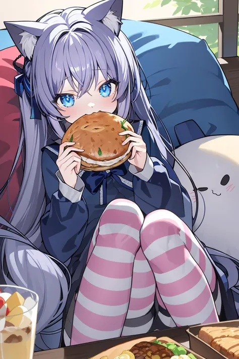 (masterpiece:1.2),best quality,PIXIV,Energetic girl,
pillow,animal_ears,1girl,hair_ornament,long_hair,cat_ears,food,striped,striped_legwear,solo,cat_girl,grey_hair,holding,sitting,long_sleeves,eating,blue_eyes,