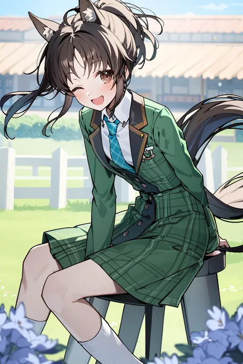 -1girl, solo, animal ears, one eye closed, brown hair, necktie, outdoors, tail, jacket, smile, sitting, abe nana, open mouth, looking at viewer, long sleeves, horse ears, ponytail, horse girl, blush, dress, horse tail, socks, v, ;d, blurry, stool, skirt, shirt, brown eyes, white shirt, white socks, day, cropped jacket, bangs, buttons, flower, plaid, green dress, blurry background,Energetic girl,