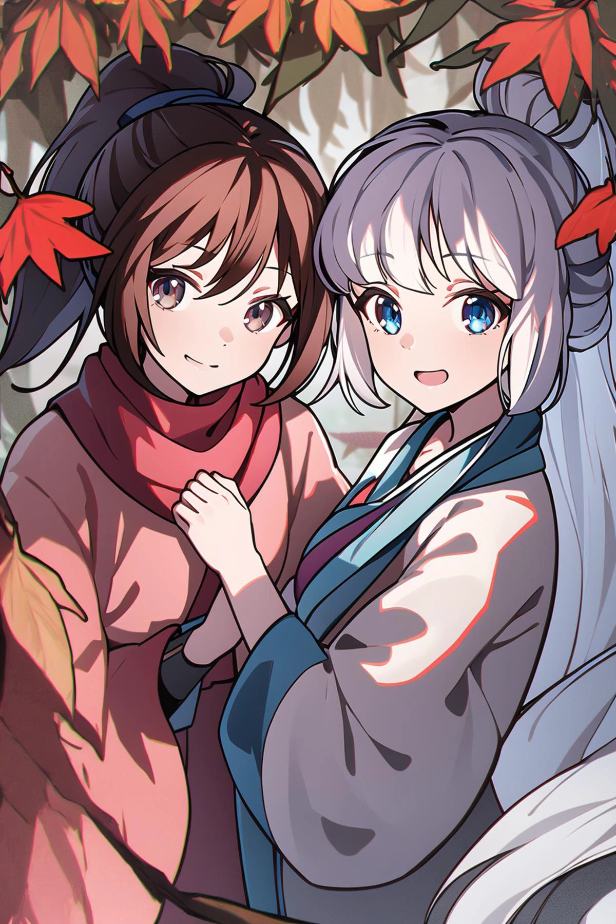 masterpiece,best quality,PIXIV,
fenglingyuxiu,brown hair,ponytail,long hair,2girls,multiple girls,brown eyes,blue eyes,white hair,leaf,open mouth,looking at viewer,twitter username,autumn leaves,smile,sidelocks,
<lora:fenglingyuxiu-000014:0.8>,