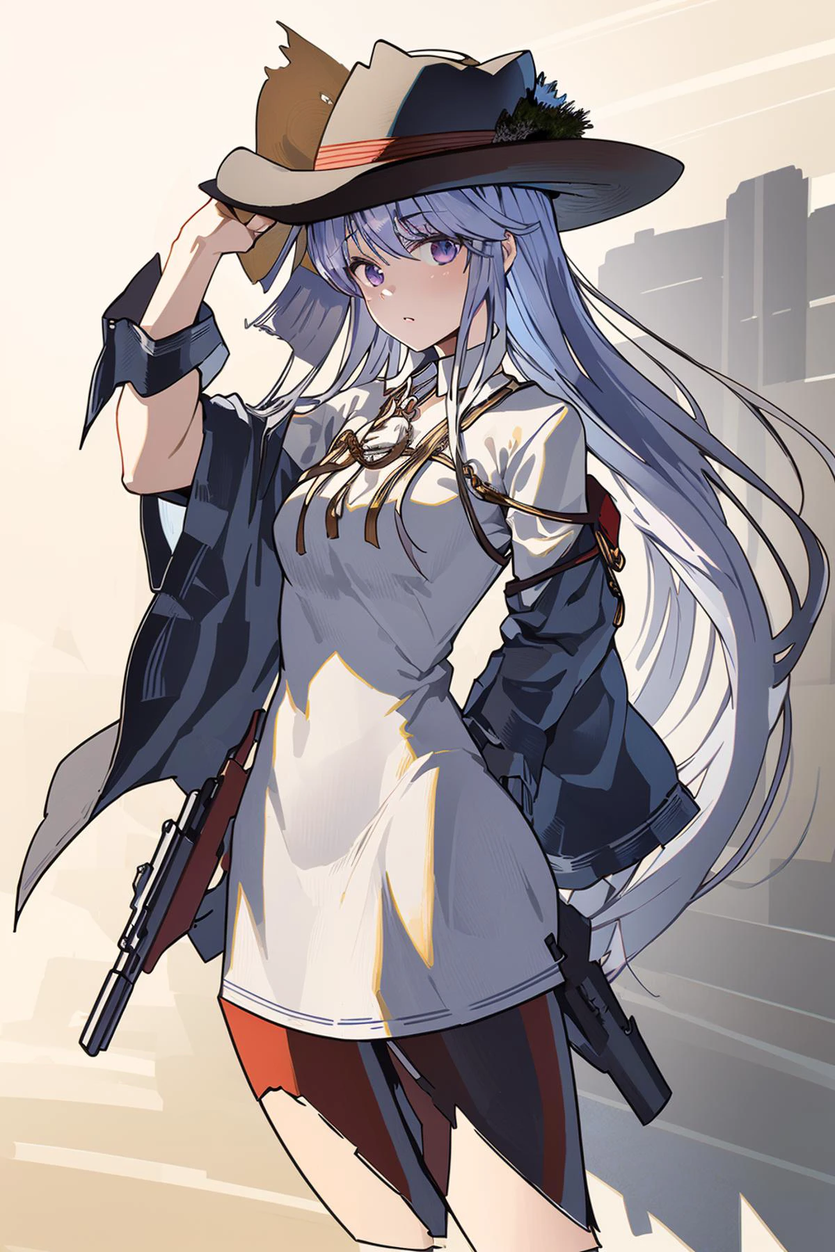 masterpiece,best quality,((masterpiece)),(((best quality))),((ultra-detailed)),((best illustration)),(best shadow),((disheveled hair)),(extremely detailed 8K wallpaper),(concept art),( red dead redemption),(full body:1.5),
1girl,cowboy,cool face,cowboy suit,(big cowboy hat:1.5),Revolver,Cowboy boots,cute girls,enterprise \(azur lane\),short dress,purple eyes,looking at viewer,gun,
The West of America in the 19th Century,white background,<lora:Enterprisev10:0.6>,