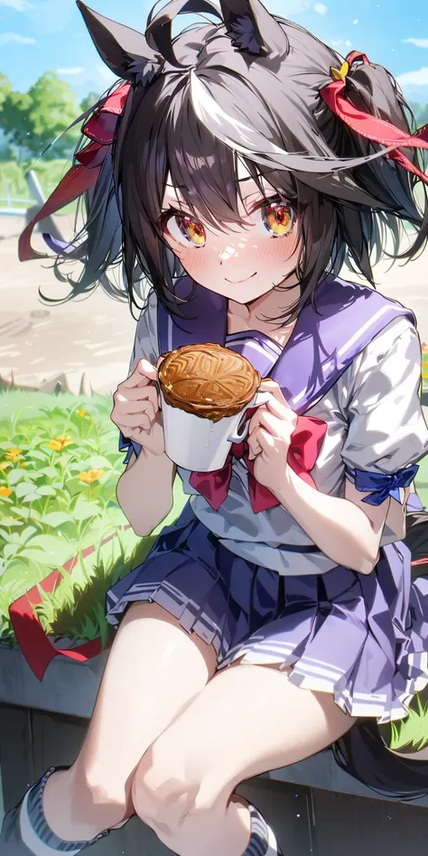 (masterpiece:1.2),best quality,PIXIV,Energetic girl,
1girl,animal ears,solo,tail,kitasan black (umamusume),horse ears,skirt,food,horse tail,school uniform,tracen school uniform,horse girl,holding,sitting,pleated skirt,holding food,short sleeves,looking at viewer,ahoge,black hair,red eyes,disposable cup,multicolored hair,shirt,white skirt,smile,purple shirt,puffy short sleeves,streaked hair,puffy sleeves,blush,bow,two side up,cup,closed mouth,bangs,white hair,blurry,sailor collar,wagashi,short hair,frilled skirt,taiyaki,holding cup,bowtie,blurry background,serafuku,sailor shirt,miniskirt,outdoors,