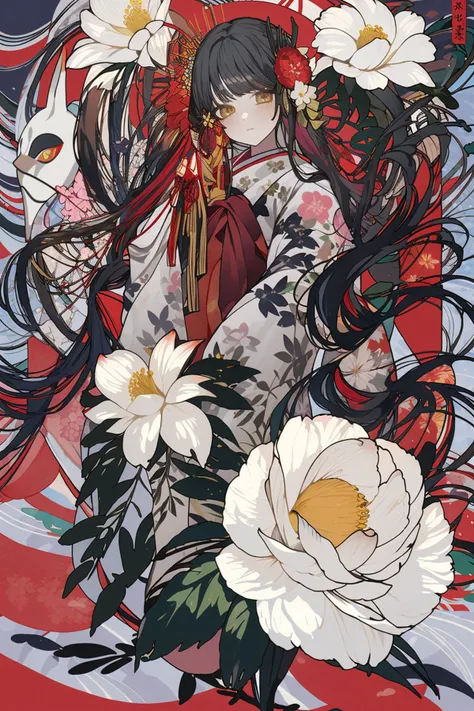 -ghost nocturnal,1girl,long hair,kimono,japanese clothes,flower,solo,white kimono,very long hair,black hair,red flower,looking at viewer,white flower,sash,bangs,obi,hair ornament,mask,lantern,white eyes,leaf,<lora:ghost nocturnal-000018:0.8>,