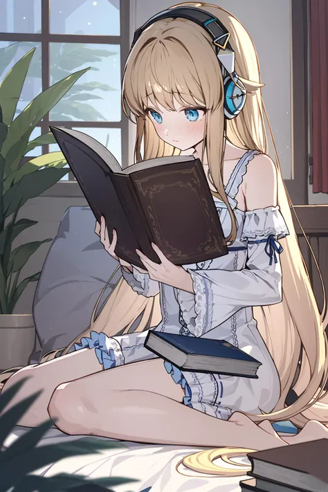 (masterpiece:1.2),best quality,PIXIV,Energetic girl,
1girl,book,solo,plant,long hair,blonde hair,headphones,barefoot,indoors,sitting,potted plant,holding,blue eyes,window,open book,pillow,long sleeves,holding book,dress,bangs,white dress,reading,closed mouth,very long hair,frills,blush,full body,on bed,bare legs,frilled sleeves,feet,book stack,day,toes,sunlight,wariza,looking away,