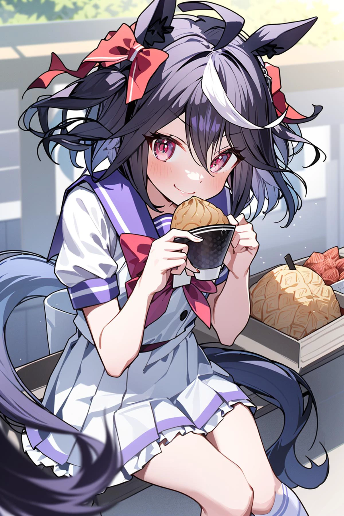 -1girl, animal ears, solo, tail, kitasan black (umamusume), horse ears, skirt, food, horse tail, school uniform, tracen school uniform, horse girl, holding, sitting, pleated skirt, holding food, short sleeves, looking at viewer, ahoge, black hair, red eyes, disposable cup, multicolored hair, shirt, white skirt, smile, purple shirt, puffy short sleeves, streaked hair, puffy sleeves, blush, bow, two side up, cup, closed mouth, bangs, white hair, blurry, sailor collar, wagashi, short hair, frilled skirt, taiyaki, holding cup, bowtie, blurry background, serafuku, sailor shirt, miniskirt, outdoors,Energetic girl,