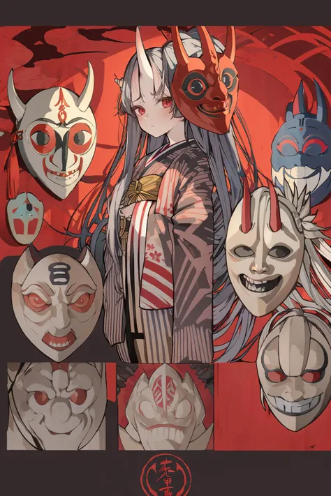 -ghost nocturnal,1girl,long hair,oni mask,mask,solo,japanese clothes,kimono,red eyes,sash,holding mask,looking at viewer,holding,letterboxed,wide sleeves,long sleeves,very long hair,obi,oni,red background,oni horns,horns,standing,grey hair,noh mask,<lora:ghost nocturnal-000018:0.8>,