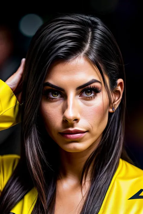 photo of beautiful (brand1andews-130:0.99), a woman in a (movie premiere gala:1.1), perfect hair, wearing (yellow racing suit:1.1),  ((Ethereal:1.1)), modelshoot style, (extremely detailed CG unity 8k wallpaper), professional majestic (photography by  nan goldin:1.1), (Contax G1/G2 Camera), 24mm, exposure blend, hdr, faded, extremely intricate, High (Detail:1.1), Sharp focus, dramatic, soft cinematic light, (looking at viewer), (detailed pupils), (upper body), 24mm, 4k textures, soft cinematic light, adobe lightroom, photolab, elegant, ((((cinematic look)))), soothing tones, insane details, hyperdetailed, low contrast
