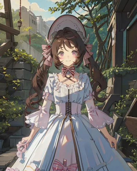 <lora:Eyjafjalla-dreamlands:0.7>,1girl,smile,sheep horns,sheep ears,brown hair,twintails,long hair,looking at viewer,ahoge,blush,pink eyes,dress,bonnet,white dress,bow,white headwear,frills,hair bow,short sleeves,outdoors, forest