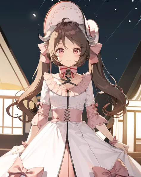 <lora:Eyjafjalla-dreamlands:0.8>,1girl,smile,sheep horns,brown hair,sheep ears,twintails,long hair,looking at viewer,ahoge,blush,pink eyes,dress,bonnet,white dress,bow,white headwear,frills,hair bow,short sleeves,outdoors, night