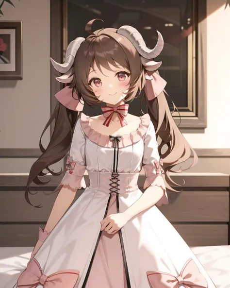 <lora:Eyjafjalla-dreamlands:0.7>,1girl,smile,sheep horns,(sheep ears:1.4),brown hair,twintails,long hair,looking at viewer,ahoge,blush,pink eyes,dress,white dress,bow,frills,hair bow,short sleeves,indoors,on back,bed sheet,