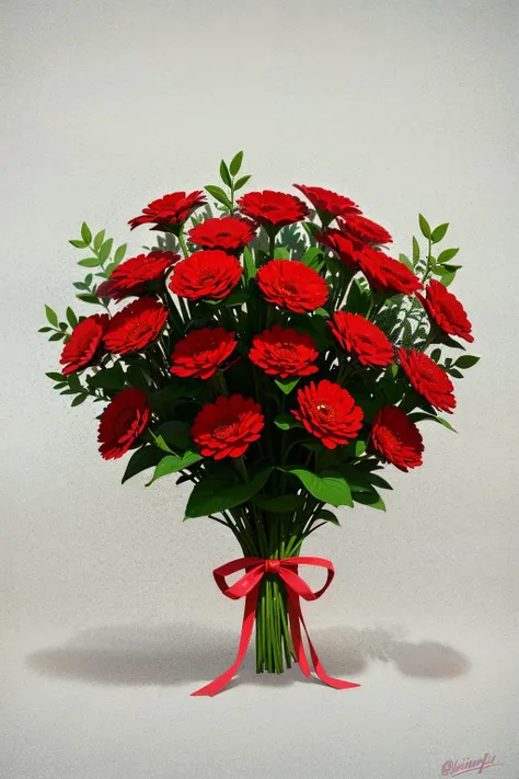 flatflower, no humans, flower, purple flower, simple background, still life, leaf, signature, bouquet, white background, plant, grey background, red ribbon <lora:flatflower:1>