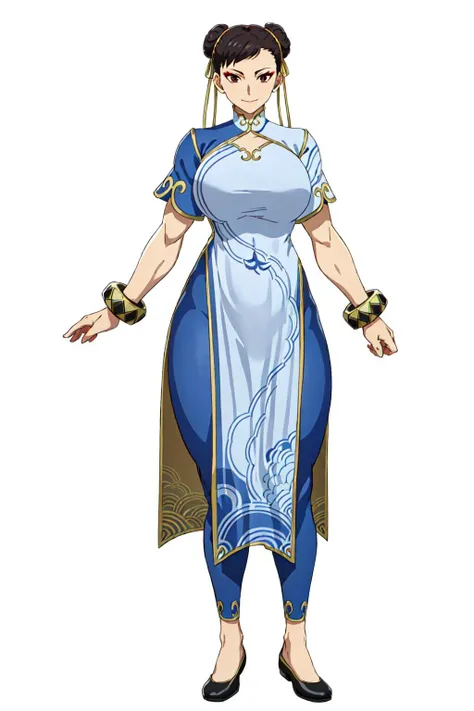 masterpiece, high quality, best quality, 1girl, (muscular:1), muscles, abs, biceps, thighs, obliques, abs lines, naval, thighs, fit, (gigantic breasts:1.0), buffed, (closed mouth, half smile), (full-coverage attire, functional and modest attire:1.5), chun li, solo, leggings, china dress, gold-trim, ribbons, leggings, bracelets, double bun, makeup, black shoes, (white background, clear background, simple background:1.5), anime screencap, anime key visual, (full body:1.25), <lora:New_Chunners-DEF:1.0>