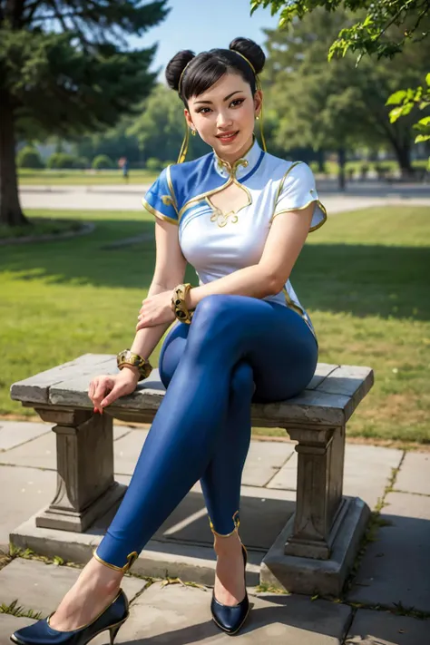 chunli, double bun, ribbons, china dress, gold-trim, bracelets, leggings, black footwear, looking at viewer, smiling, serious, sitting, on stone bench, legs crossed, leaning forward, outside, park, grass, trees, winter, blue sky, high quality, masterpiece, <lora:New_Chunners-DEF:.8>