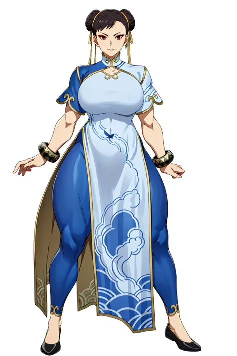 masterpiece, high quality, best quality, 1girl, (muscular:1), muscles, abs, biceps, thighs, obliques, abs lines, naval, thighs, fit, (gigantic breasts:1.0), buffed, (closed mouth, half smile), (full-coverage attire, functional and modest attire:1.5), chun li, solo, leggings, china dress, gold-trim, ribbons, leggings, bracelets, double bun, makeup, black shoes, (white background, clear background, simple background:1.5), anime screencap, anime key visual, (full body:1.25), <lora:New_Chunners-DEF:1.0>