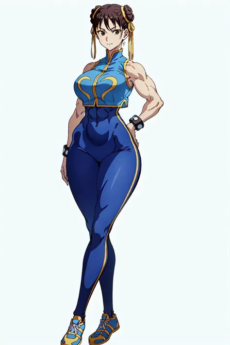 masterpiece, high quality, best quality, 1girl, (muscular:1), muscles, abs, biceps, thighs, obliques, abs lines, naval, thighs, fit, (gigantic breasts:1.0), buffed, (closed mouth, half smile), (full-coverage attire, functional and modest attire:1.5), alphachun, double bun, ribbons, bodysuit, vest, side stripes, solo, bracelets, makeup, sneakers, (white background, clear background, simple background:1.5), anime screencap, anime key visual, (full body:1.25), <lora:Alpha_Chunners-DEF:1.0>